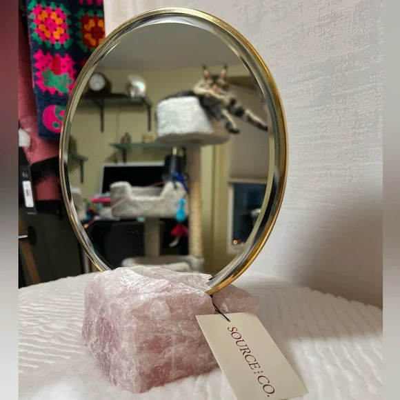 Source and Co. NWT Stunning Genuine Rose Quartz with Round Brass Mounted Mirror - Picture 2 of 10